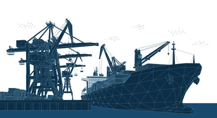 Abstract cargo ship and port cranes illustration in blue tones with geometric patterns