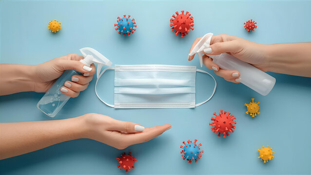 Face Mask with Virus Icons and Disinfecting Hands on Blue Background. - Powered by Adobe