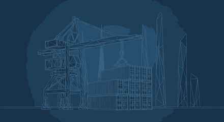Blueprint illustration of a port with containers, cranes, and city buildings for global trade