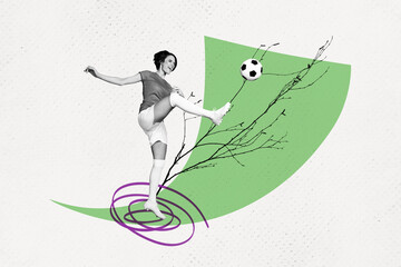 Composite photo collage of happy sporty girl football player kick ball championship goal league game isolated on painted background