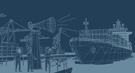 Blueprint of a Cargo Ship in a Port with Workers Communicating Via Megaphone and Cranes