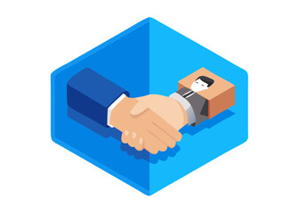 op view design on blue background of Hand shaking which print screen on wooden cube block which connection with human icon for business deal and agreement concept.icon