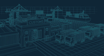Blueprint of global trade customs, featuring trucks, ships and cargo containers illustration