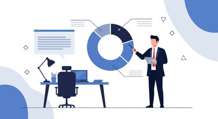 Businessman Presenting Financial Data with a Donut Chart in a Modern Office Setting