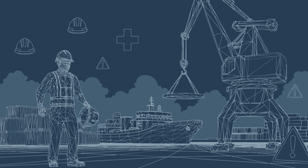 Blueprint Style Illustration of Shipping Port with Worker Crane and Cargo Ship