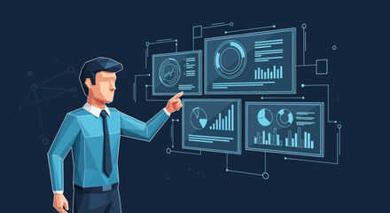 Cartoon businessman interacting with data dashboards analytics interface panels