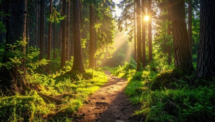 Fototapeta premium Sunlit Forest Path with Morning Rays and Lush Greenery in a Wooded Landscape