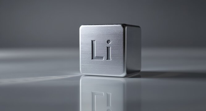 Metallic Cube with Chemical Symbol Li, representing Lithium, on a Reflective Surface
