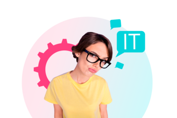 Trend artwork 3D image photo collage of young woman geek student eyewear face stand speech cloud it information technology gearwheel