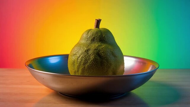 Vibrant breadfruit floats in isolated rainbow gradient, showcasing exotic tropical fruit in stunning 4K video