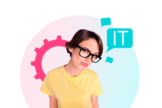 Trend artwork 3D image photo collage of young woman geek student eyewear face stand speech cloud it information technology gearwheel