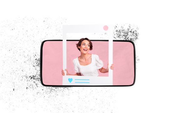 Composite photo collage of happy smile girl peek instagram post phone screen blogging social media concept isolated on painted background