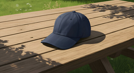 Navy blue baseball cap resting on a wooden picnic table outdoors. Casual garment for a person with a relaxed outdoor setting. Individual leisure activity at a park -