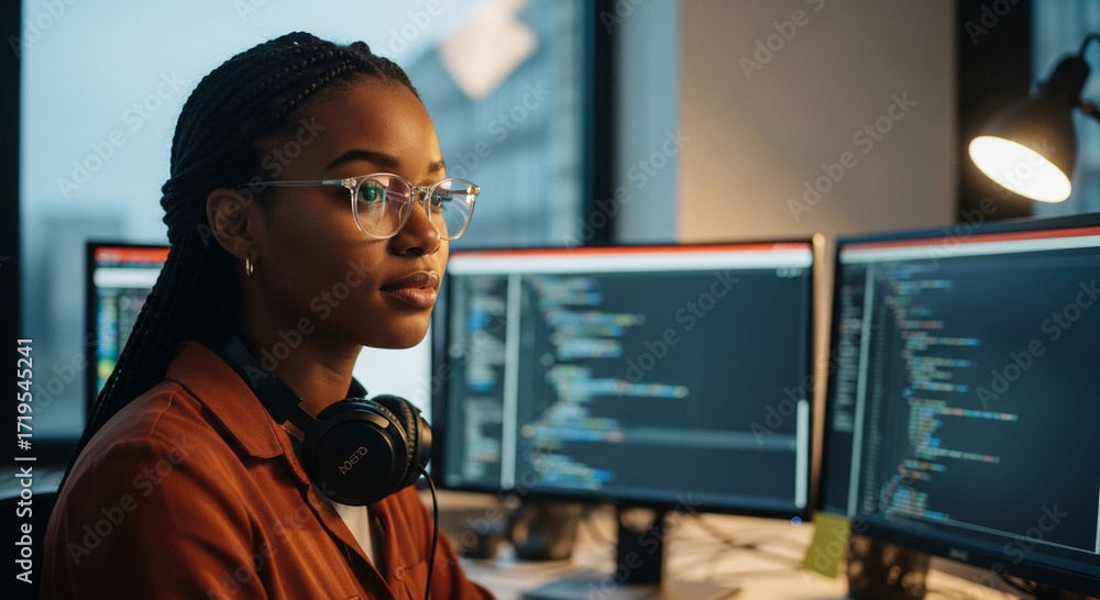 Wall mural focused software engineer coding at modern workstation with dual monitors, headphones, and relaxed v