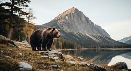 雄大な山と湖を背景に佇む一頭のクマの威厳ある姿