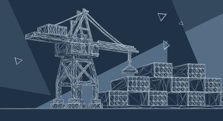 Geometric Port Crane and Shipping Container Blueprint Illustration for Logistics