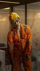 Scary construction male zombie in a yellow hard hat with a wound and blood walking and haunted the...