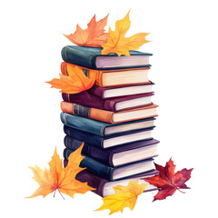 Stack of books with autumn leaves, cozy autumn reading