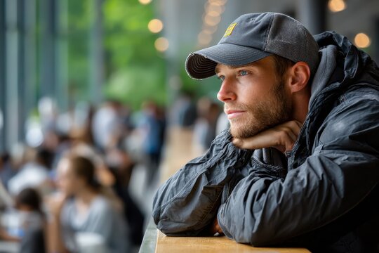 Man in cap leans and looks out window thoughtfully