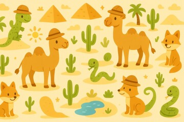 Seamless desert adventure cartoon pattern for kids with camels, cacti, and pyramids in warm sandy colors for decor and design. Generative AI