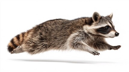 Fototapeta premium Charming raccoon floating playfully in air with clean simple white background
