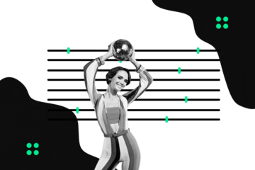 Composite photo collage of happy girl hold disco ball mixer volume controller weekend party occasion isolated on painted background