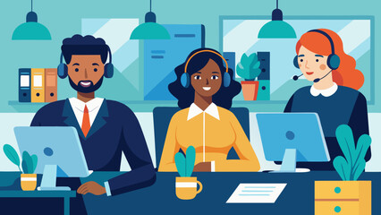 Fototapeta premium Vector art of diverse customer service team working in call center support agents wearing headsets, providing assistance to customers with computer