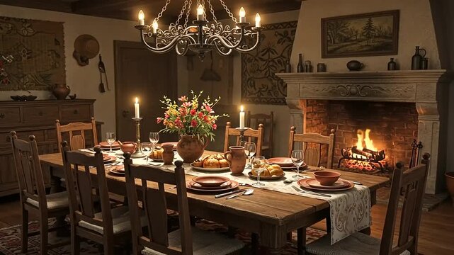 Cozy rustic dining room with a festive dinner setup