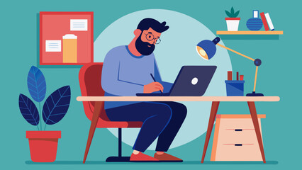 Vector art of man working on laptop at home with plant, lamp, and bulletin board, showcasing remote work and modern lifestyle in a colorful interior