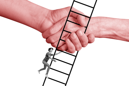 Composite photo collage of happy girl success promotion career ladder handshake gesture cooperation hr isolated on painted background - Powered by Adobe