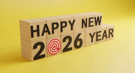 Naklejka premium Wooden blocks spell HAPPY NEW 2026 YEAR on a yellow background A target symbol with an arrow replaces the 0 in 2026