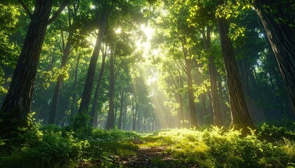 Obraz premium Sunlit Forest Scene with Vibrant Green Foliage and Golden Rays of Light Ultra Sharp Cinematic Product Photography