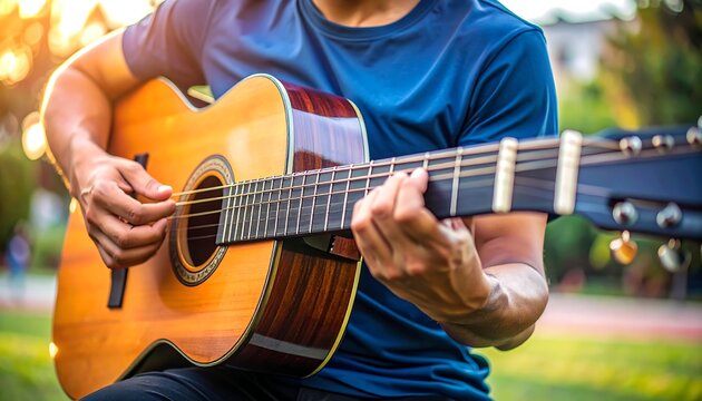A person plays an acoustic guitar outdoors. The focus is on the instrument and the player's hands, with a blurred background of greenery - Powered by Adobe