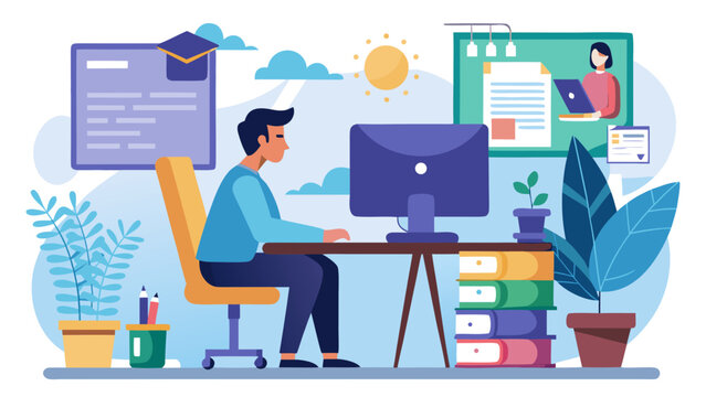 Vector art of young man attending online class at home with teacher on computer screen, elearning concept, vector illustration