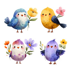 My Watercolor, hand-painted, cute spring watercolor birds with flowers painting illustration isolated on a white background, vector illustration, EPS format design. vector illustration