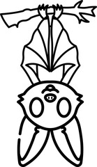 Cute cartoon bat is hanging upside down from a tree outline style.