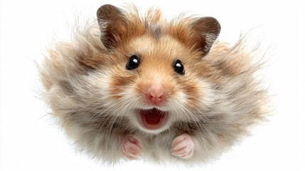 Lovely fluffy hamster floating gently with cheerful smile, white background