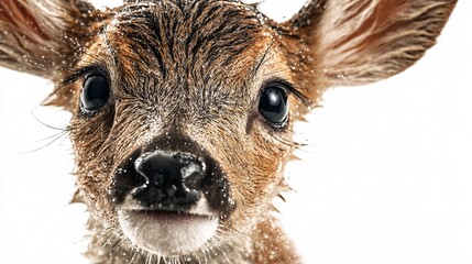 Baby deer floating cutely in air with sweet innocent face, white background