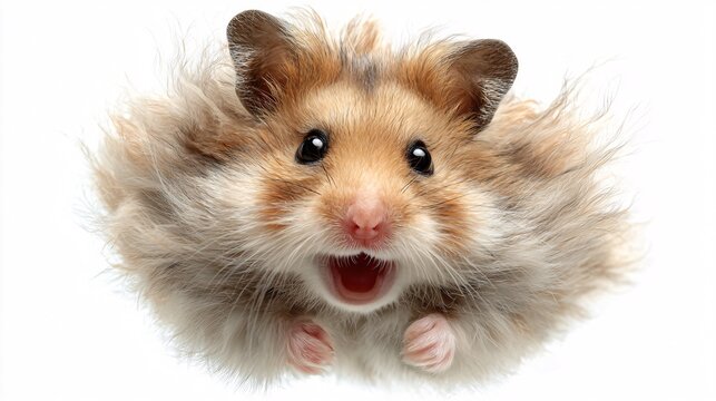 Lovely fluffy hamster floating gently with cheerful smile, white background