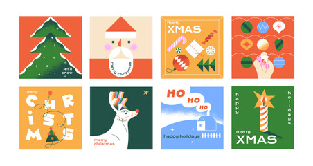 Designs of greeting Christmas cards set. Square templates of Xmas post in social media. New Year postcards in geometric style. Modern congratulations with winter holidays. Flat vector illustrations.