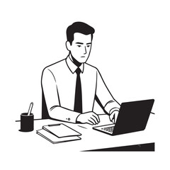 Black and white line art of a hardworking man at office desk with laptop and documents minimalist illustration