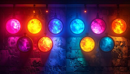 A striking wall showcases ten illuminated orbs with varying vibrant colors, hanging against a textured brick surface with subtle lights