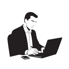 Black and white line art of a hardworking man at office desk with laptop and documents minimalist illustration