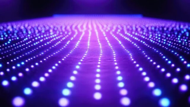 Shiny purple digital grid of glowing lights extending into infinity creating futuristic technology inspired sci-fi background