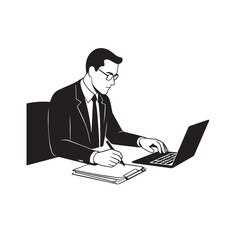 Black and white line art of a hardworking man at office desk with laptop and documents minimalist illustration