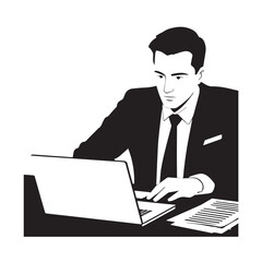 Black and white line art of a hardworking man at office desk with laptop and documents minimalist illustration