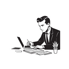 Black and white line art of a hardworking man at office desk with laptop and documents minimalist illustration