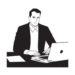 Black and white line art of a hardworking man at office desk with laptop and documents minimalist illustration