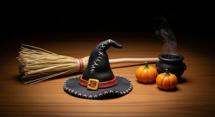 Halloween still life with witch hat broom pumpkins and steaming cauldron