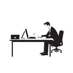 Black and white line art of a hardworking man at office desk with laptop and documents minimalist illustration